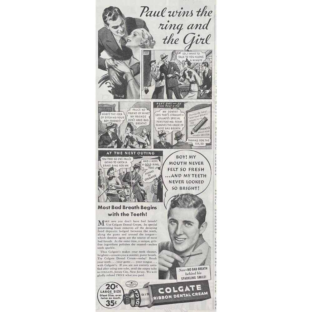 Colgate Ribbon Dental Cream Vintage Print Ad 1936 Paul Wins the Ring And Girl u